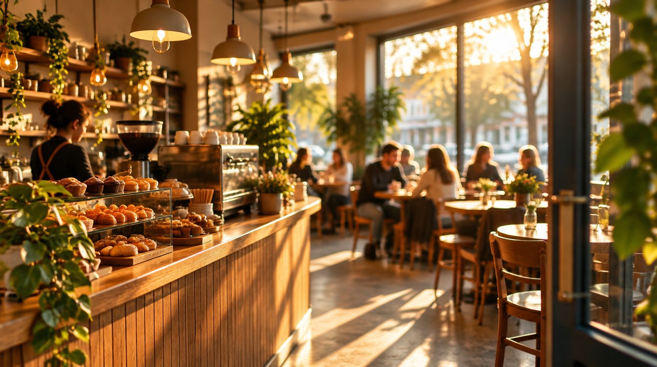 A busy café in golden evening light