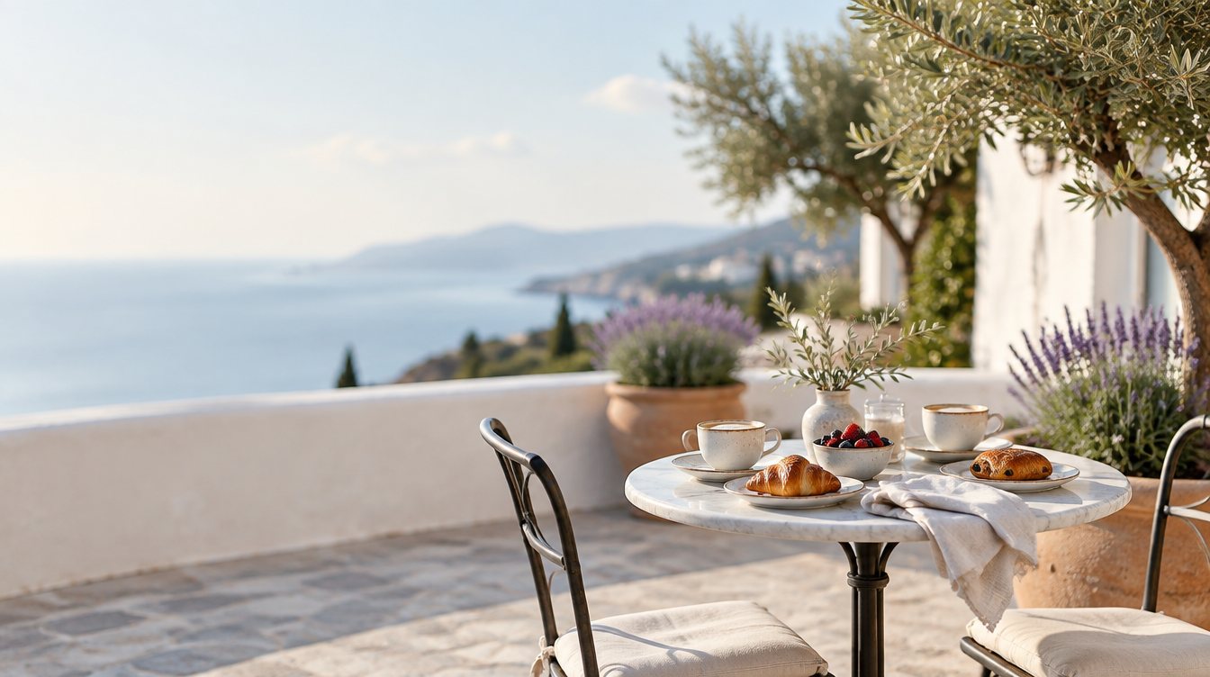 Breakfast for two on a guesthouse terrace by the sea